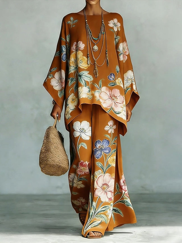 Women's Pants Sets Long Sleeve Round Neck Floral Graphic