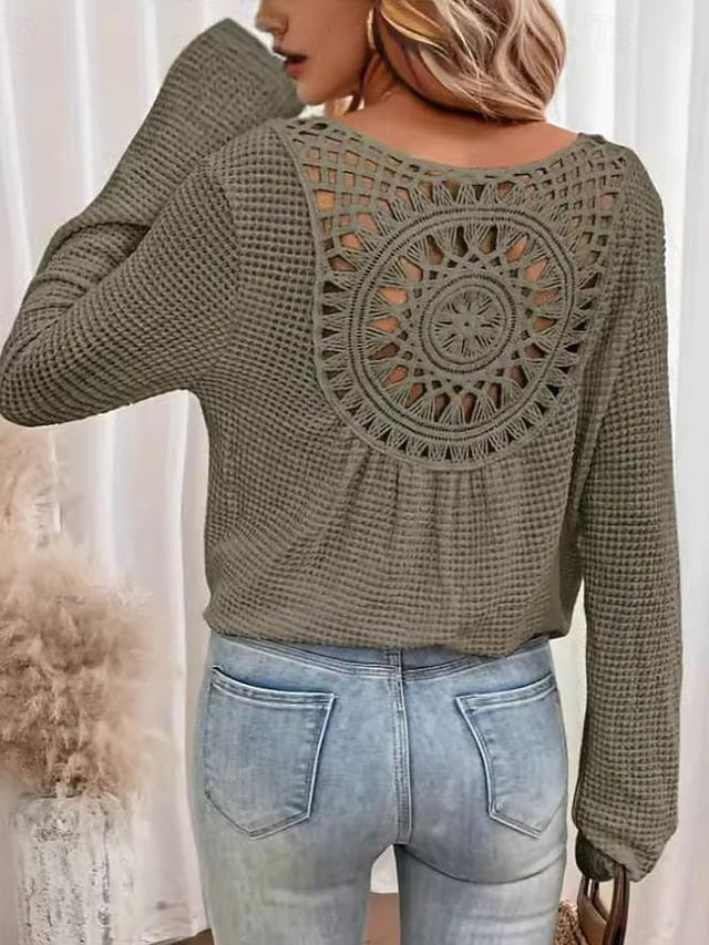 Women's Boho Shirt Blouse Eyelet Solid Color Plain Stylish