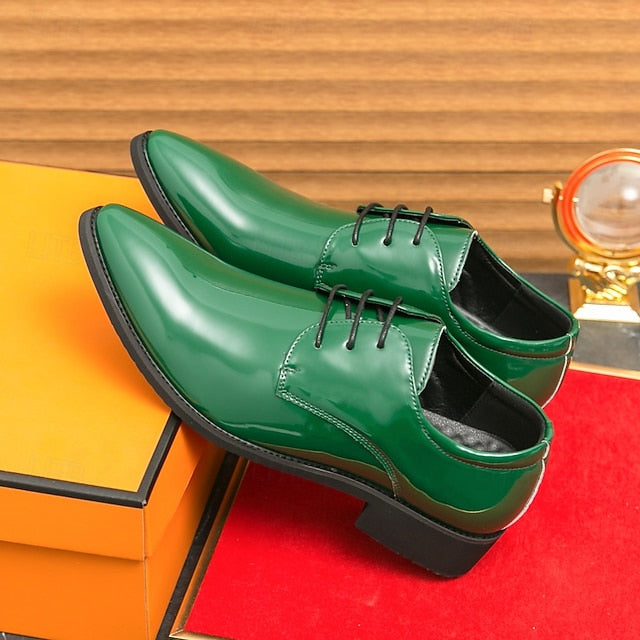 Leather Patent for – Formal Lace-Up Men Glossy Shoes Green