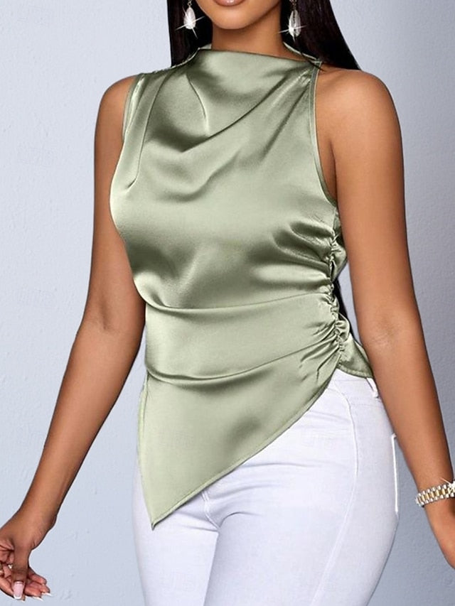 Women's Shirt Satin Shirt Blouse Sleeveless Shirt