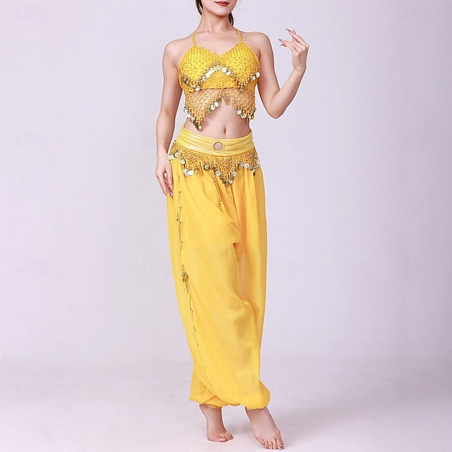 Latin Dance Top Gold Coin Pure Color Splicing Women's