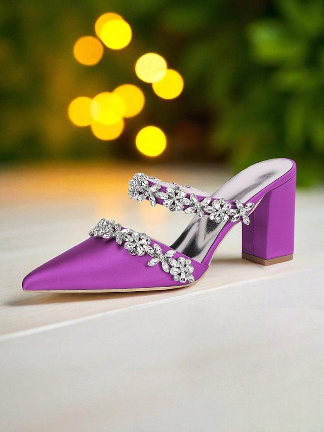 Black Satin Women's Rhinestone Mules Floral with Block Heel