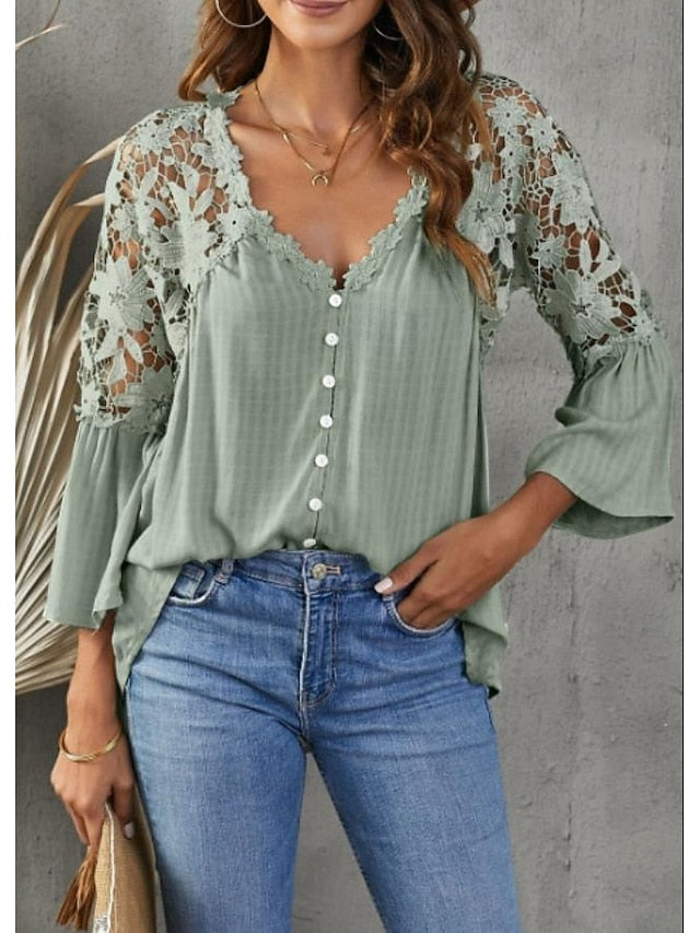 Women's White Elegant Lace Tops Eyelet Blouse Stylish