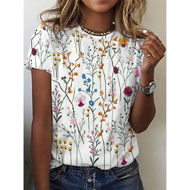 Women's T Shirt Basic Floral Patchwork Print Short Sleeve