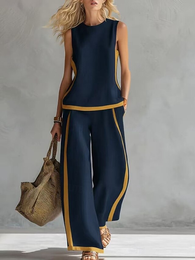 Women's Pants Sets Sleeveless Round Neck Striped Fashion