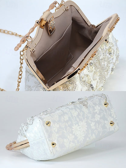 White Pearl Elegant Floral Lace with Handbag and Evening