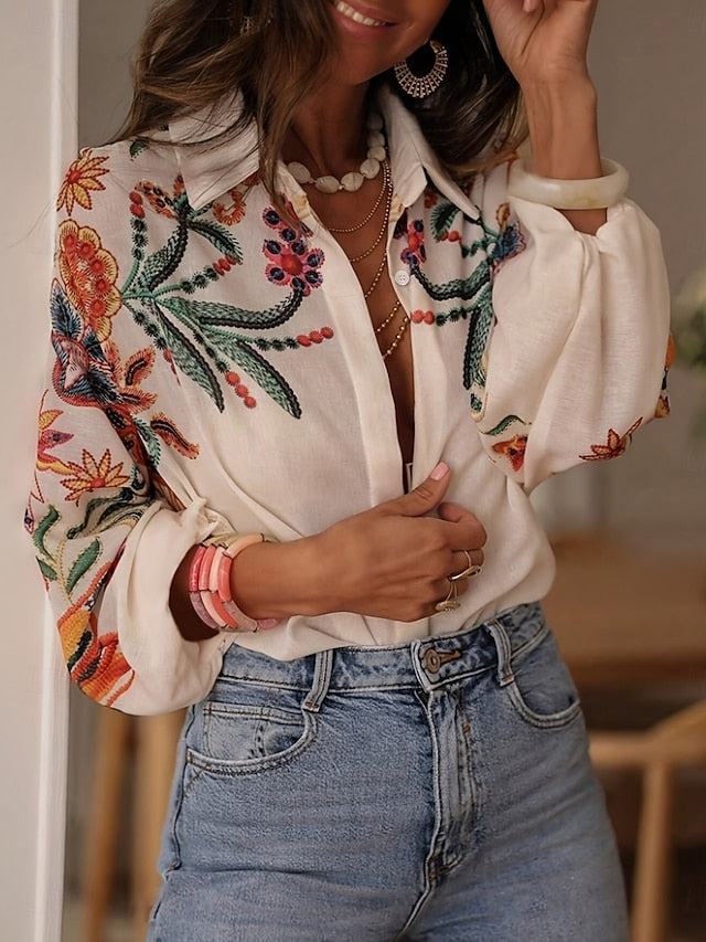 Women's Blouse Buttons Print Floral Stylish Casual Long