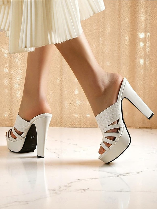 Mule Platform Women's Heels White Strappy - Open-Toe