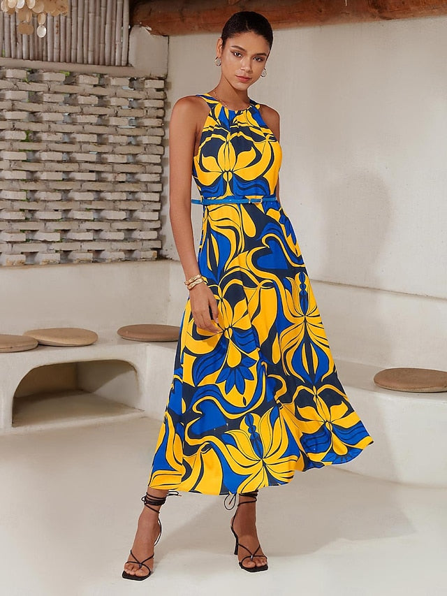 Satin Leaves Sleeveless Maxi Dress (No Belt)