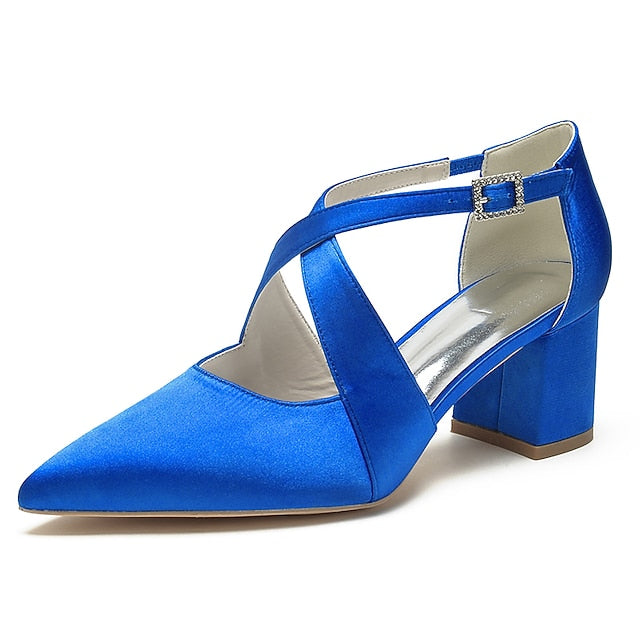 Satin Elegant Toe – White Women's Heels Block Pointed