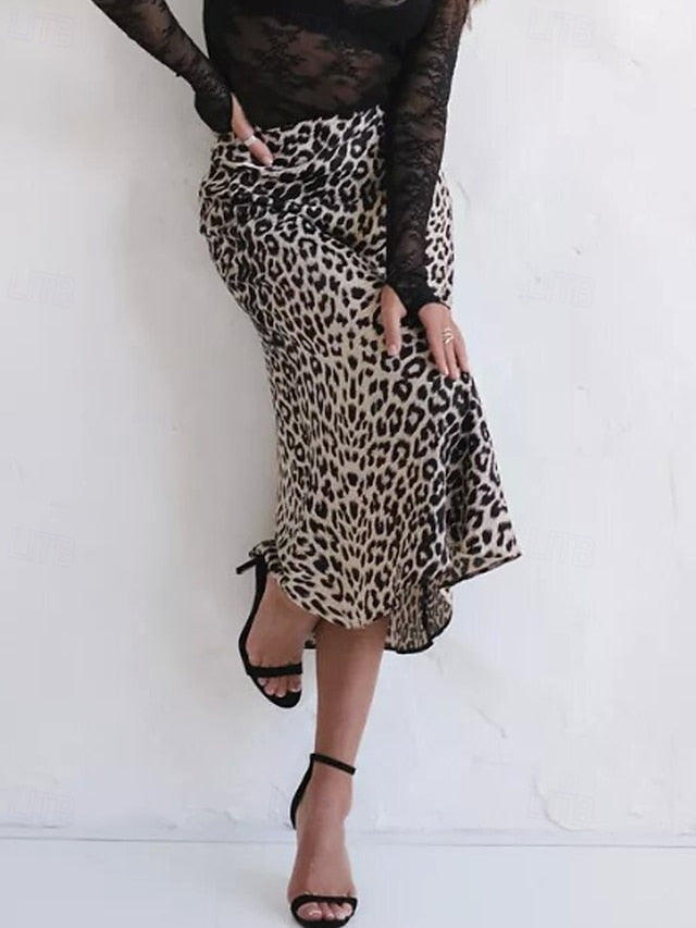 Women's Fashion Sexy Maxi High Waist Skirts Leopard Ruched