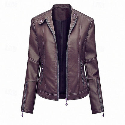 Comfortable Zipper Faux Women's Leather Jacket Pocket