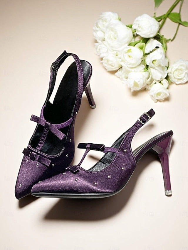 Purple Heels with and Satin – T-Strap Bows Women's Studs