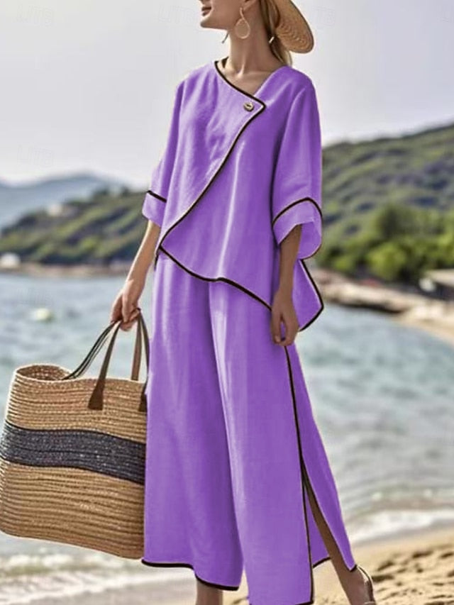 Women's Pants Sets 3/4 Length Sleeve Round Neck Solid Color