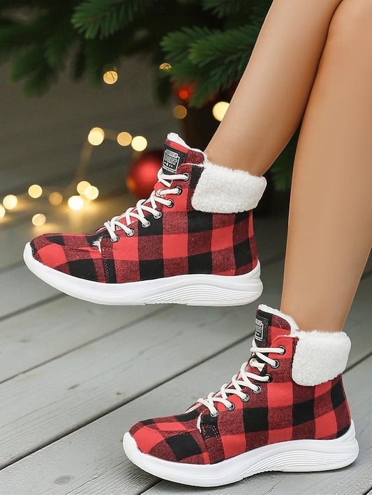 Women's Red Plaid Christmas Lace-up Booties with Faux Fur