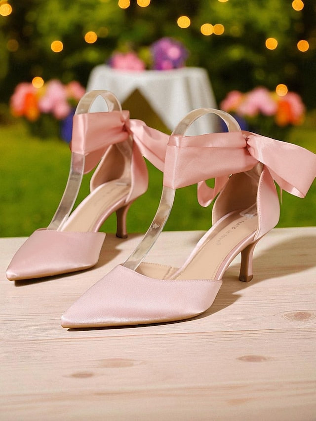 Women's Kitten Satin Pointed-Toe with Heel Shoes Ribbon