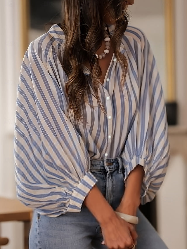 Women's Blouse Buttons Print Striped Stylish Casual Long