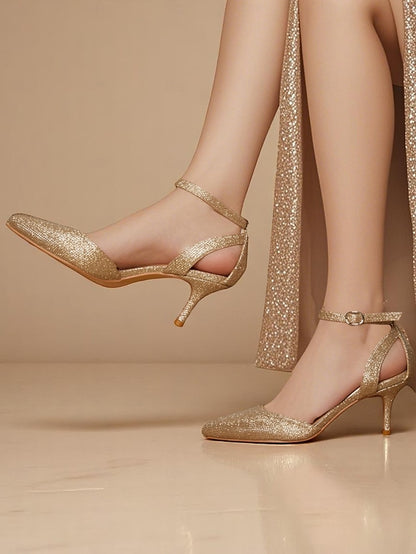 Gold Women's Ankle Glitter Strap Heels