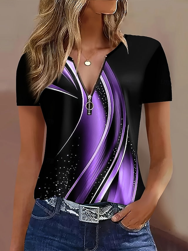 Women's T Shirt Quarter Zip Graphic Geometric Tropical