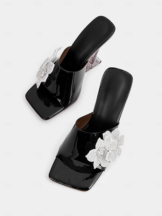 Flower Black Women's Mules Rhinestone with Leather Patent