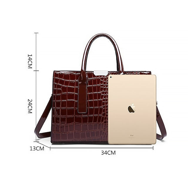 Women's Black Patent Crocodile Leather Pattern Handbag with