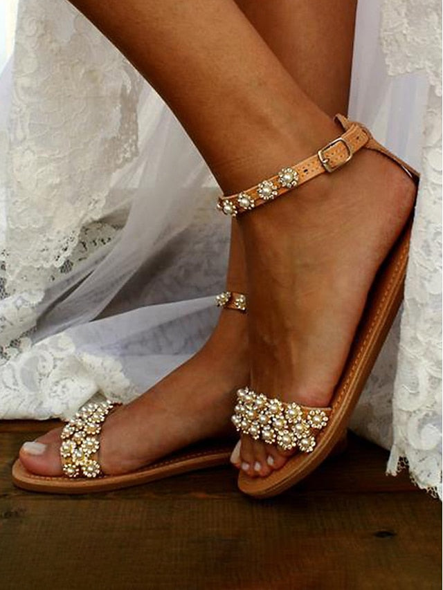 Straps Floral Ankle Flat Boho for Sandals Beaded with Chic