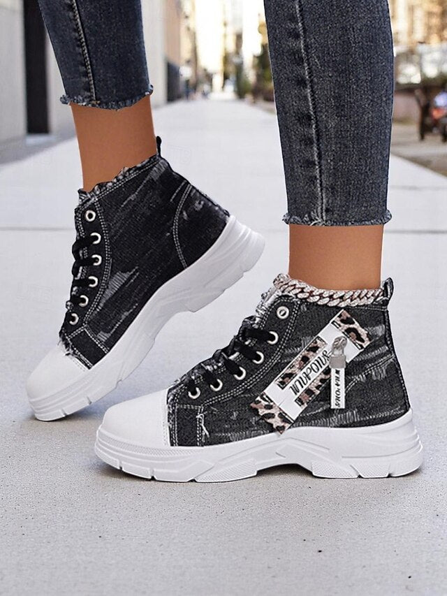 Women's Denim High Top Platform Sneakers with Leopard