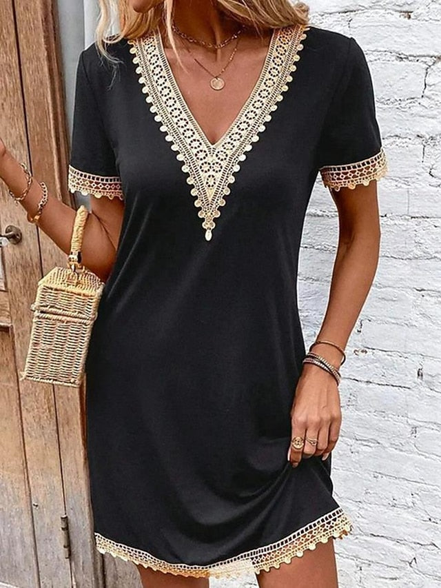Women's Casual Dress V-neck Short Sleeve Crochet Lace Trim
