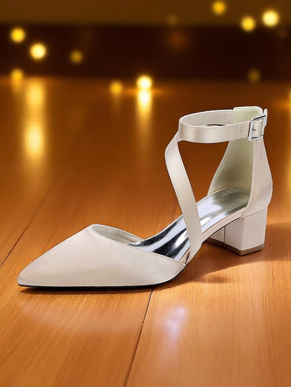 Pointed Toe Satin Champagne Block Heels - Women's