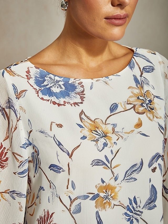Women's Blouse Floral Print Layered Bell Sleeves Loose Fit
