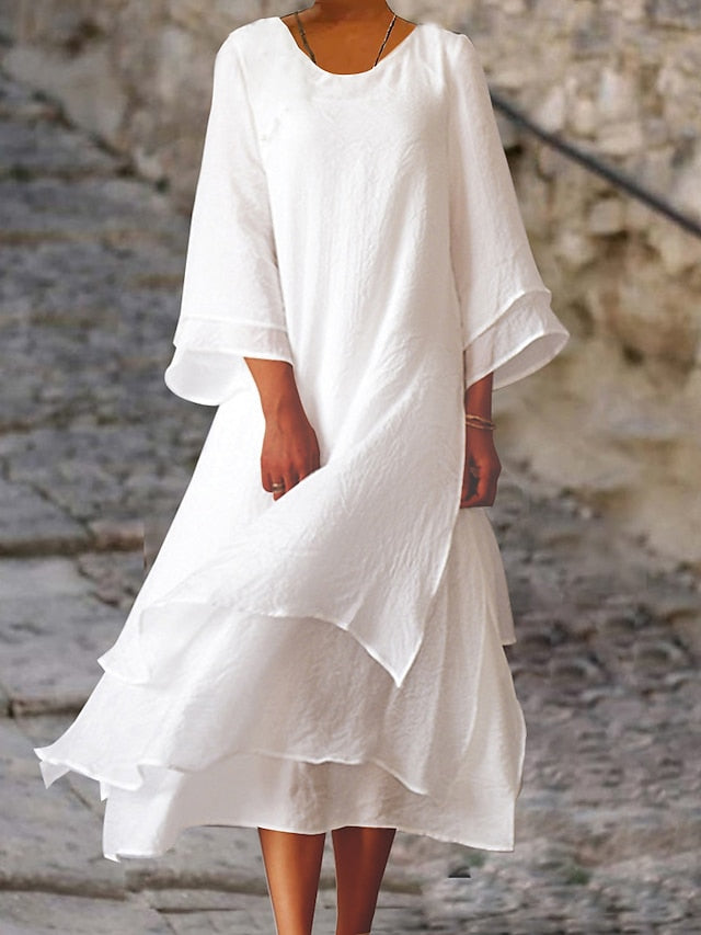 Women's Light Pink White Summer Spring Fall Midi Dress