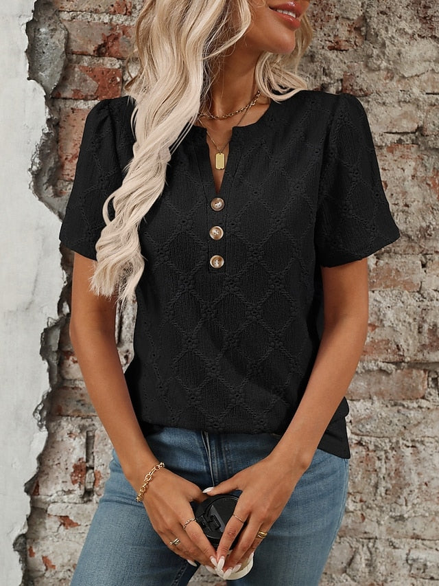 Women's T Shirt Tee Top Buttons Plain Fashion Stylish