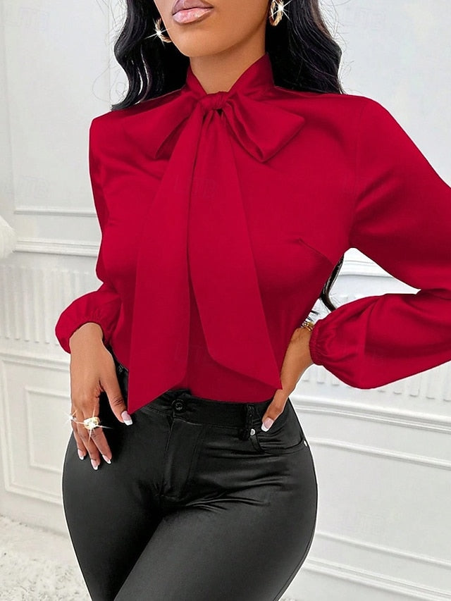 Women's Shirt Elegant Dressy Satin Top Bow Solid Color