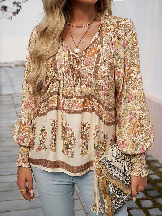 Women's Shirt Blouse Patchwork Print Floral Graphic Bohemia