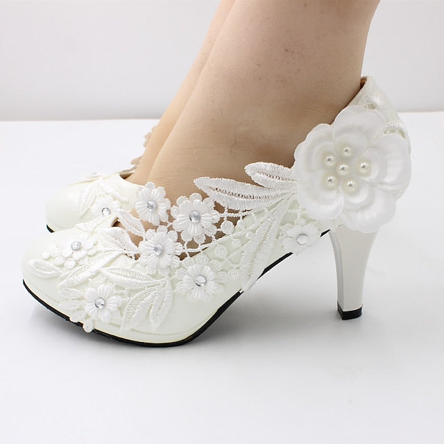 Floral Wedding Heels Women's – Lace White Embellishments