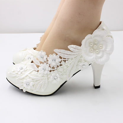 Floral Wedding Heels Women's – Lace White Embellishments