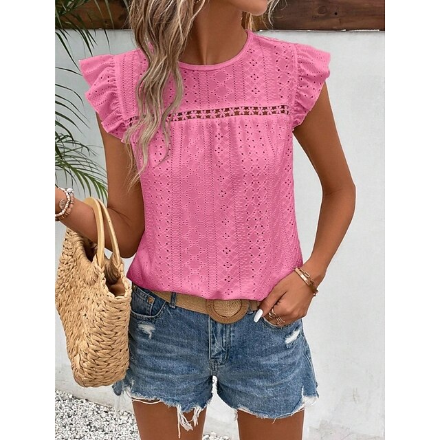 Women's T Shirt Tee Top Ruffle Eyelet Plain Fashion Stylish