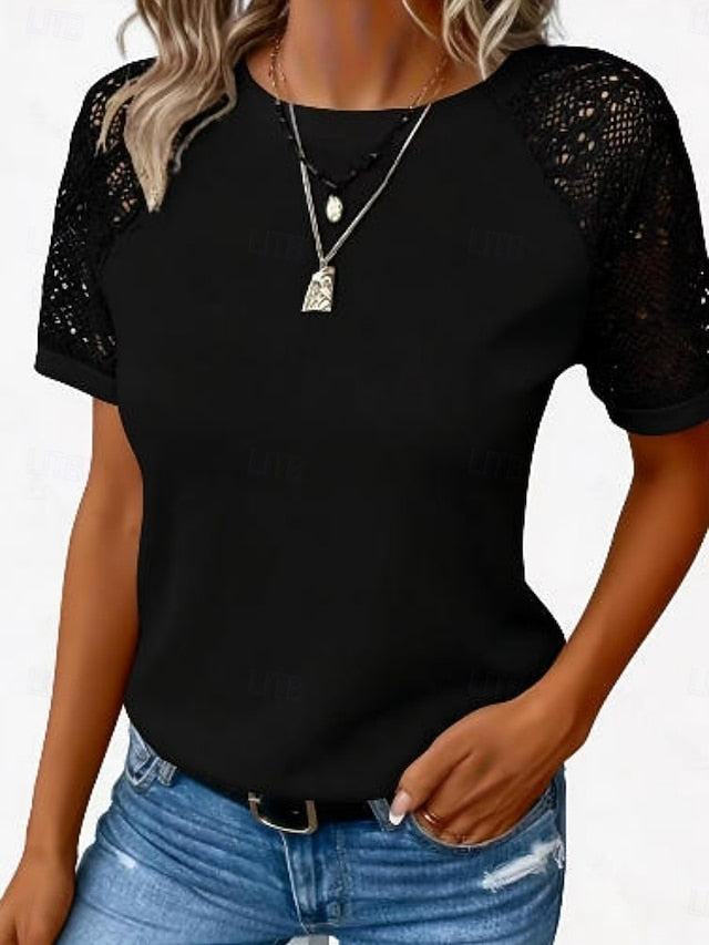 Women's T Shirt Lace T-shirt Tee Top Lace Patchwork Plain