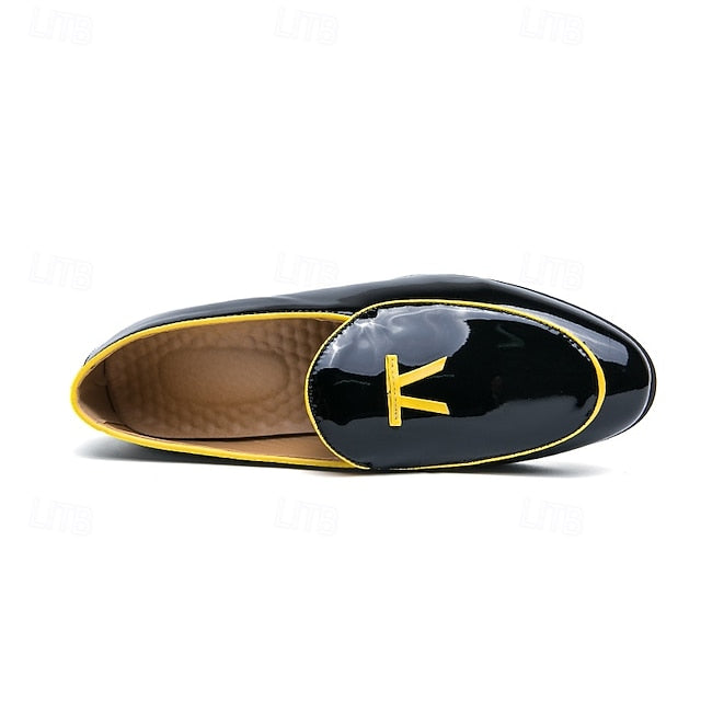 Patent Faux with Trim Loafers Yellow Men's Leather Black