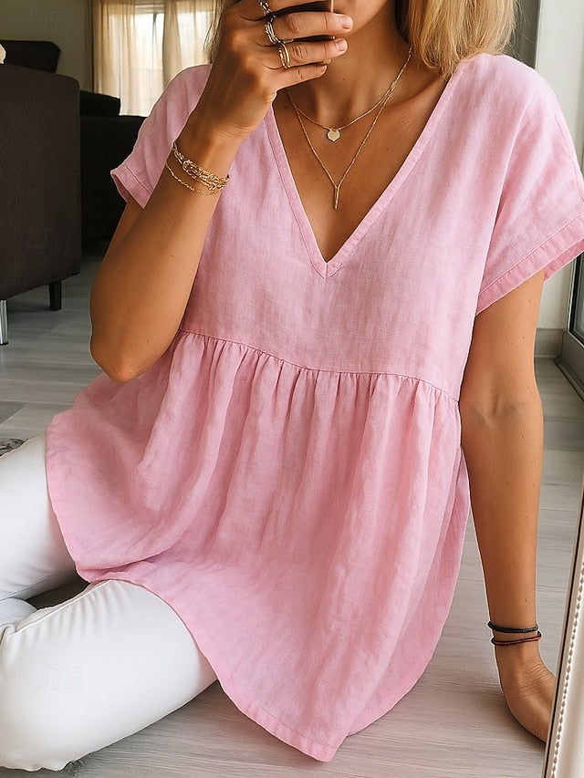Women's Cotton Blend Summer Tops Casual Short Sleeve V Neck