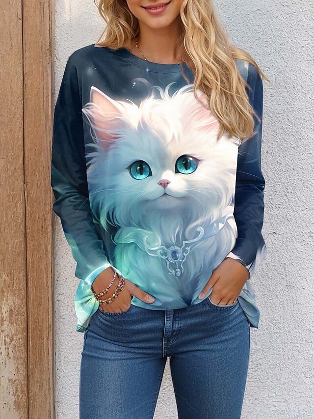 Women's T shirt Crew Neck Long Sleeve Tunic Cat 3D Funny