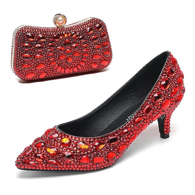 Matching Women's Heel Kitten Crystal-Embellished Shoes and