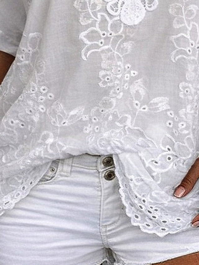 Women's Blouse Lace Solid Color Stylish Casual Short Sleeve