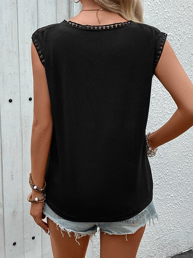 Women's Lace Splicing Top Ruched Lace Eyelet Solid Color