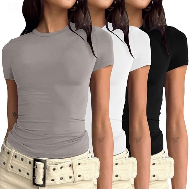 Multi Packs 3pcs Female Crew Neck Short Sleeve Black+white+grey