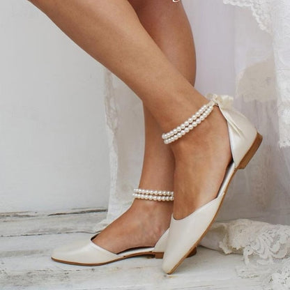 White Bridal Strap Elegant Flats Women's Pearl Ankle –