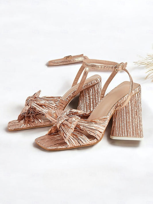 Detail Heel Sandals Gold Knot Rose Textured with Block and