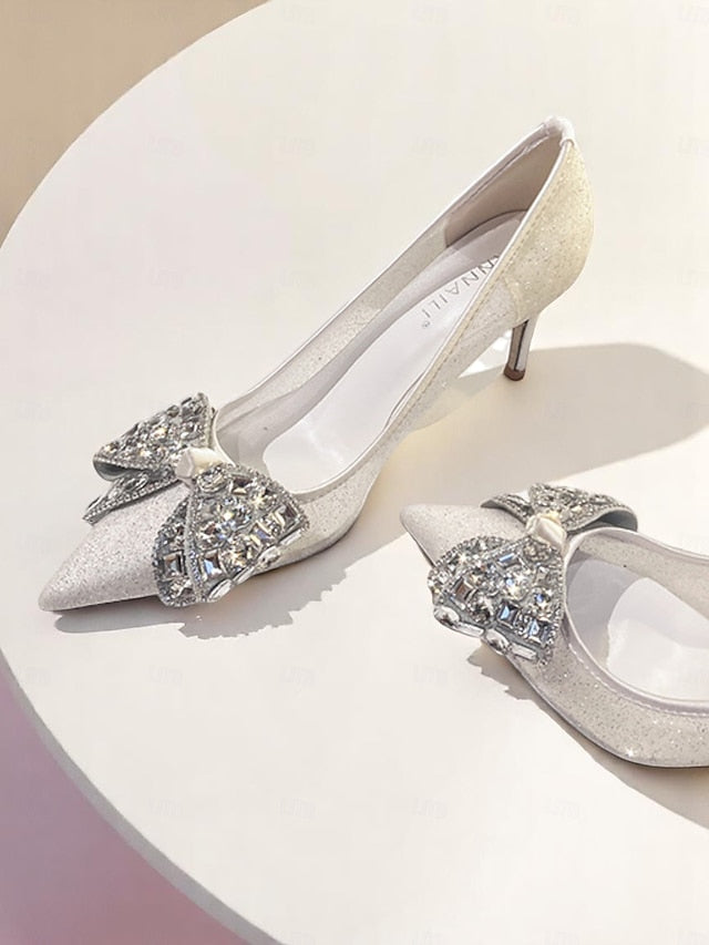 with Bow Women's Rhinestone High Glitter Heels