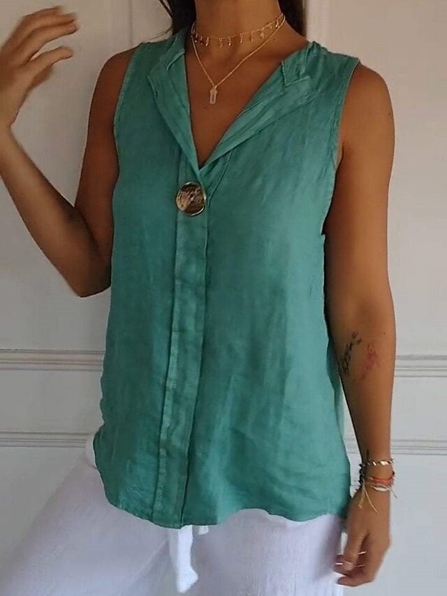 Women's Shirt Blouse Faux Cotton Linen Buttons Plain