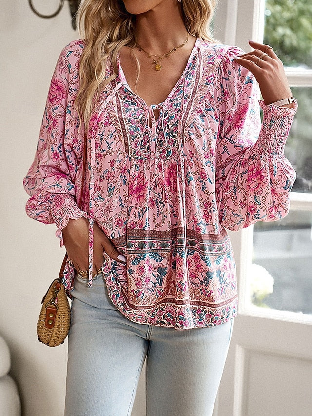 Women's Shirt Blouse Patchwork Print Floral Graphic Bohemia